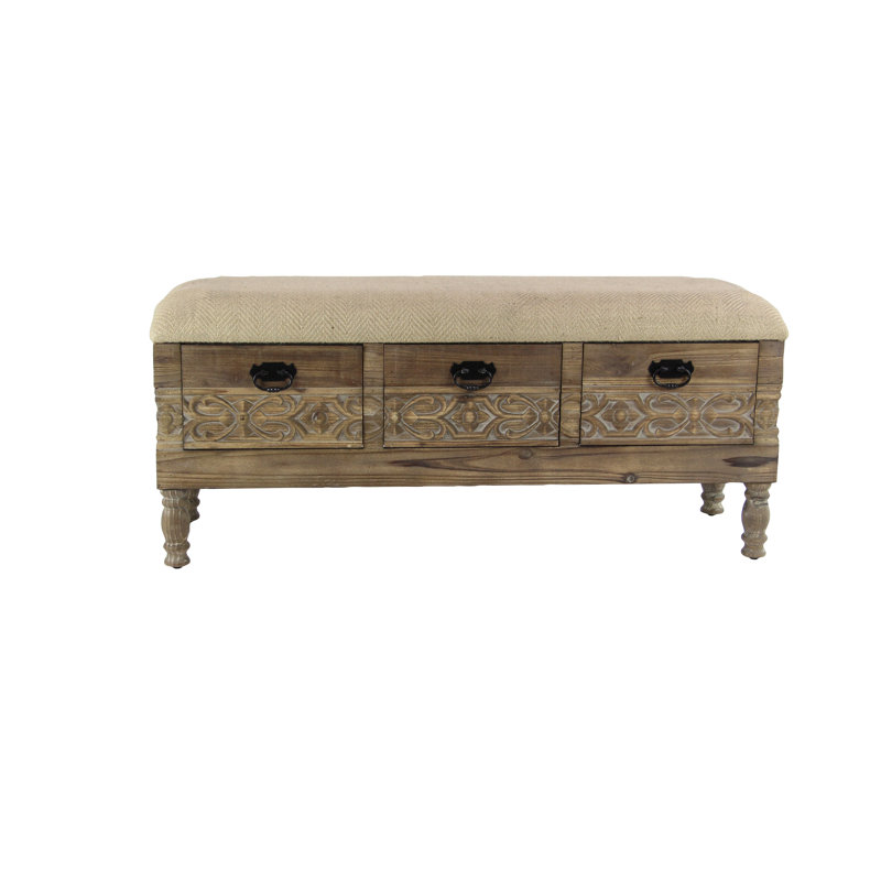 Wood Intricately Carved Floral Room Brown Storage Bench with Cream Burlap Top